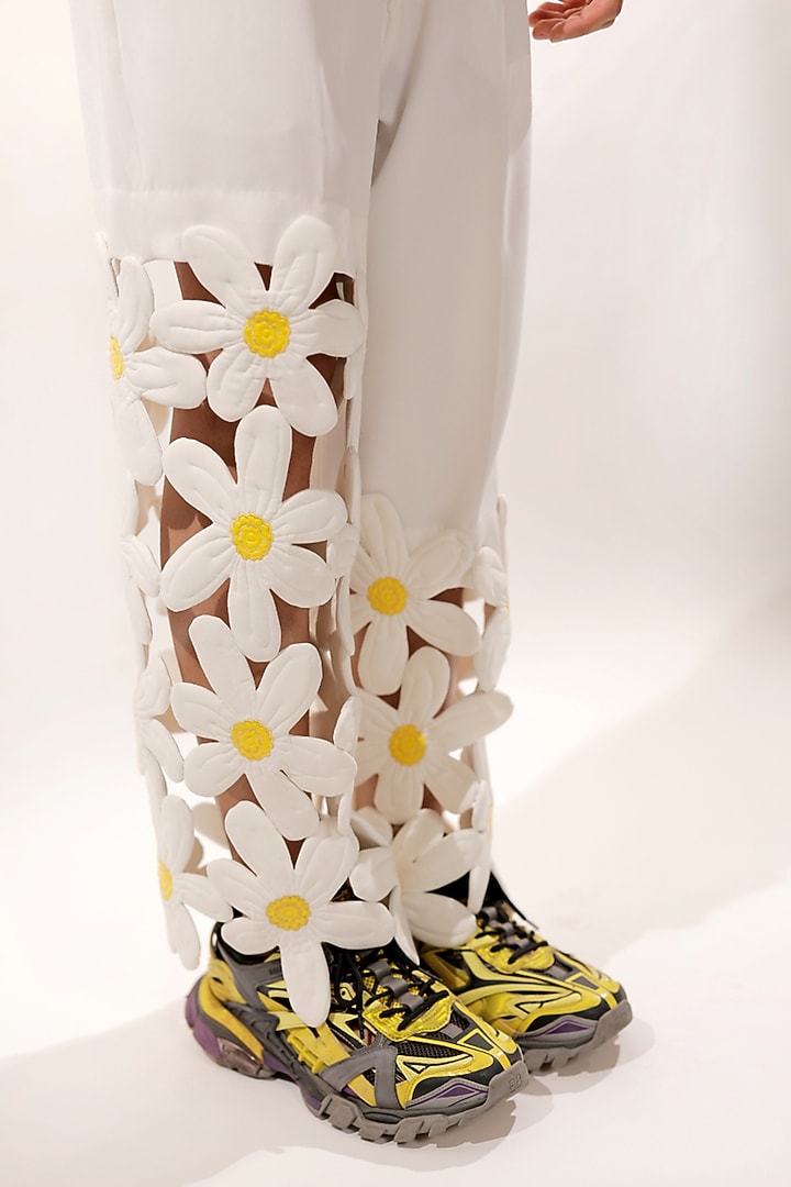 White Crepe Lycra 3D Quilted Floral Pants by Jubinav Chadha Men at Pernia's Pop Up Shop
