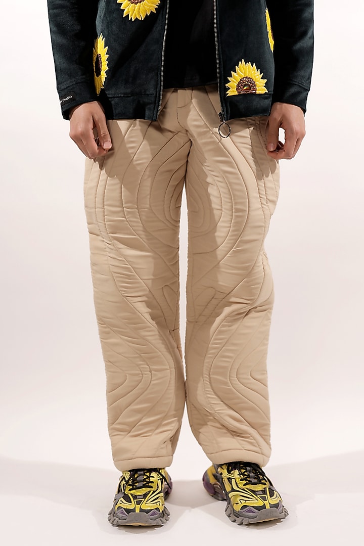 Beige Reverse Satin Quilted Pants by Jubinav Chadha Men at Pernia's Pop Up Shop