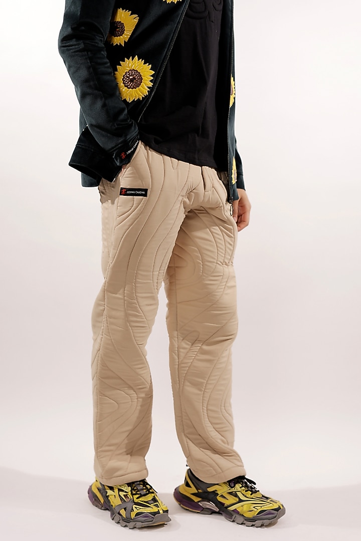 Beige Reverse Satin Quilted Pants by Jubinav Chadha Men at Pernia's Pop Up Shop