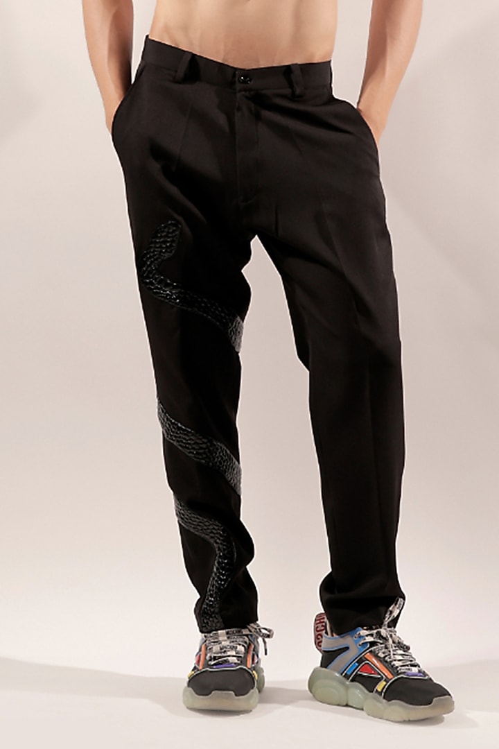 Black Cotton Lycra Snake Quilted Pants by Jubinav Chadha Men at Pernia's Pop Up Shop