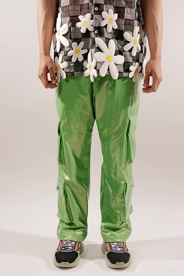Green Rubber Coated Jersey Cargo Pants by Jubinav Chadha Men at Pernia's Pop Up Shop