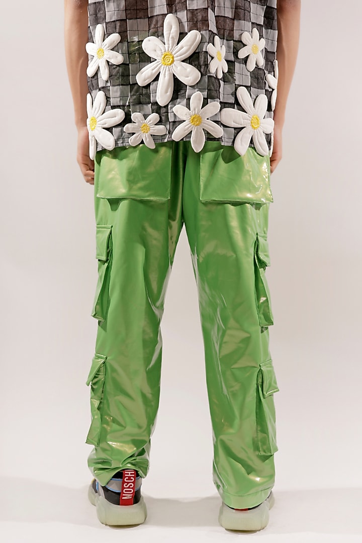 Green Rubber Coated Jersey Cargo Pants by Jubinav Chadha Men at Pernia's Pop Up Shop