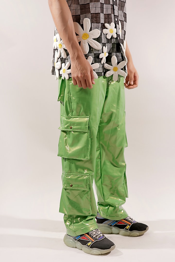 Green Rubber Coated Jersey Cargo Pants by Jubinav Chadha Men at Pernia's Pop Up Shop