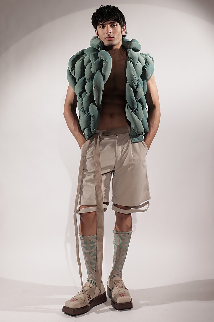 Beige Suede Shorts by Jubinav Chadha Men at Pernia's Pop Up Shop
