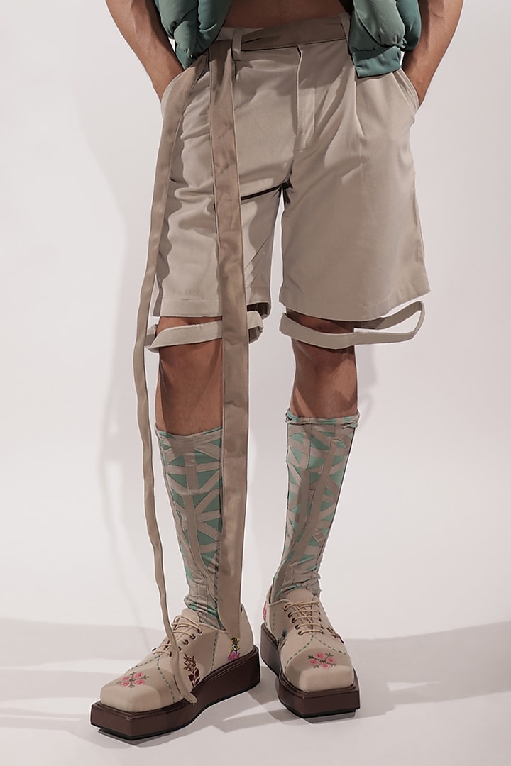 Beige Suede Shorts by Jubinav Chadha Men at Pernia's Pop Up Shop