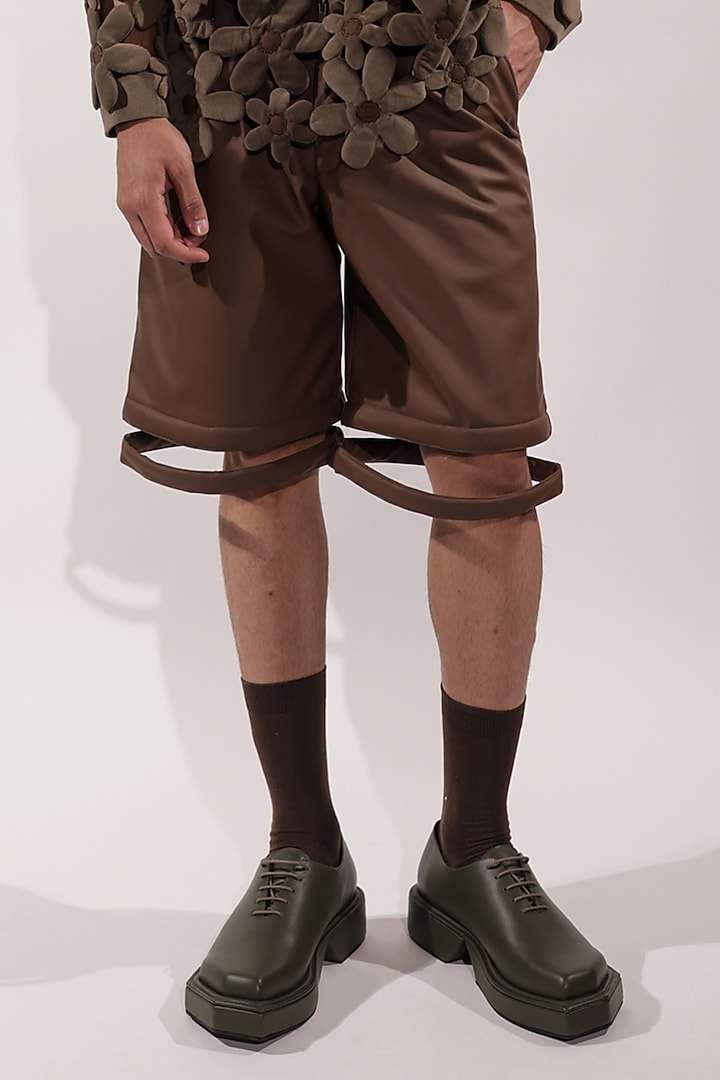 Brown Leather Shorts by Jubinav Chadha Men at Pernia's Pop Up Shop