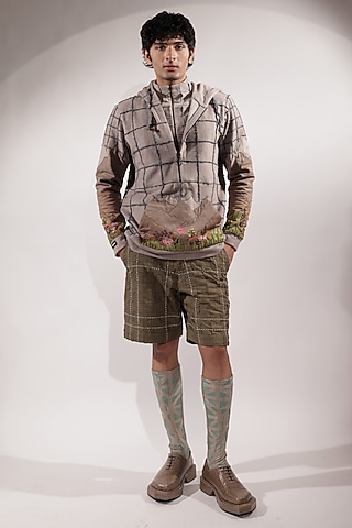 Olive Green Linen Shorts by Jubinav Chadha Men