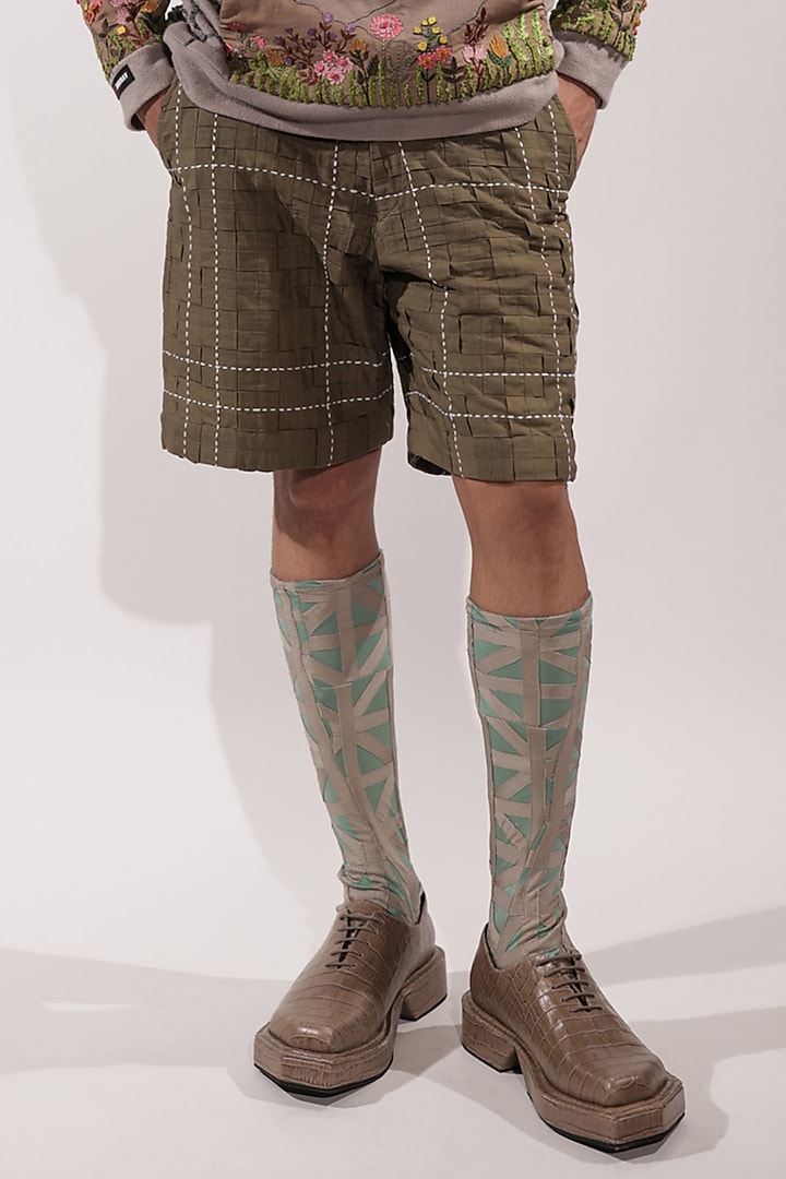 Olive Green Linen Shorts by Jubinav Chadha Men at Pernia's Pop Up Shop