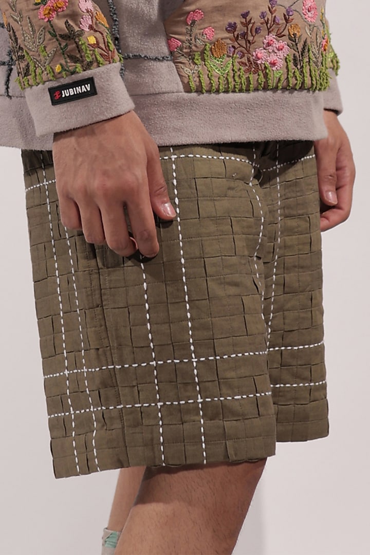 Olive Green Linen Shorts by Jubinav Chadha Men at Pernia's Pop Up Shop