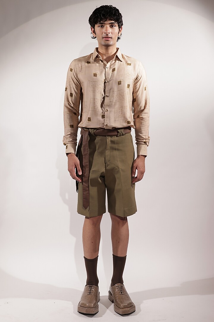 Olive Green Linen Shorts by Jubinav Chadha Men at Pernia's Pop Up Shop