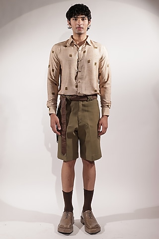 Olive Green Linen Shorts by Jubinav Chadha Men