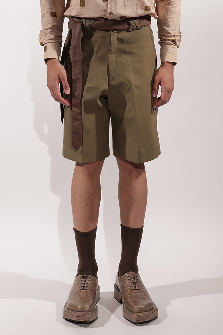 Olive Green Linen Shorts by Jubinav Chadha Men at Pernia's Pop Up Shop