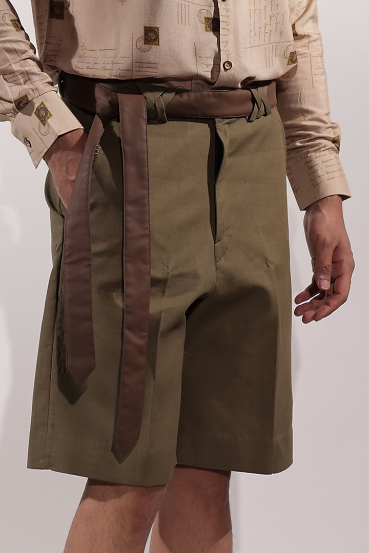 Olive Green Linen Shorts by Jubinav Chadha Men at Pernia's Pop Up Shop