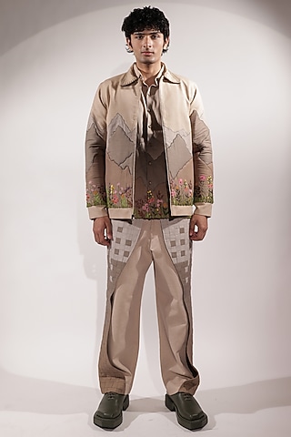 Beige Linen Floral Embroidered Jacket by Jubinav Chadha Men