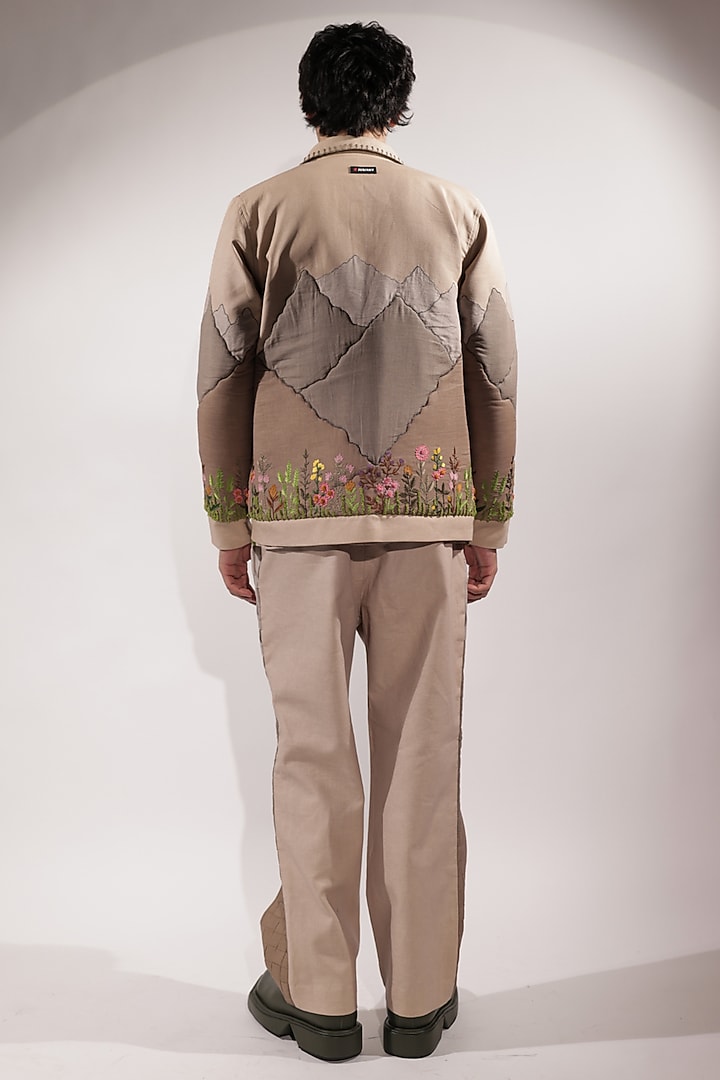 Beige Linen Floral Embroidered Jacket by Jubinav Chadha Men at Pernia's Pop Up Shop