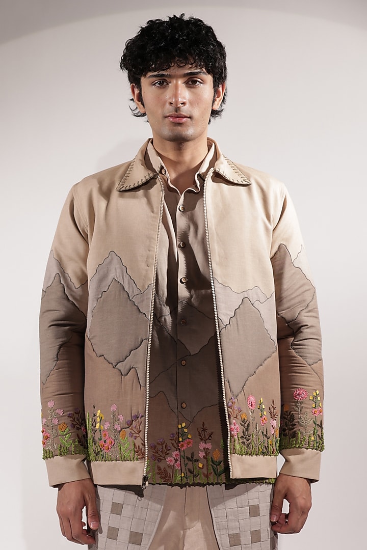 Beige Linen Floral Embroidered Jacket by Jubinav Chadha Men at Pernia's Pop Up Shop