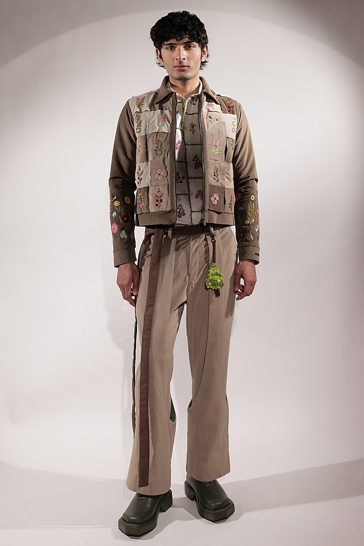 Beige Suede Floral Embroidered Jacket by Jubinav Chadha Men at Pernia's Pop Up Shop