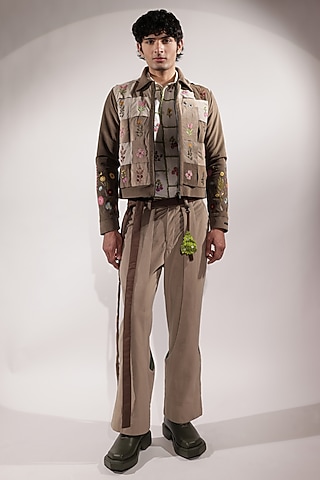 Beige Suede Floral Embroidered Jacket by Jubinav Chadha Men