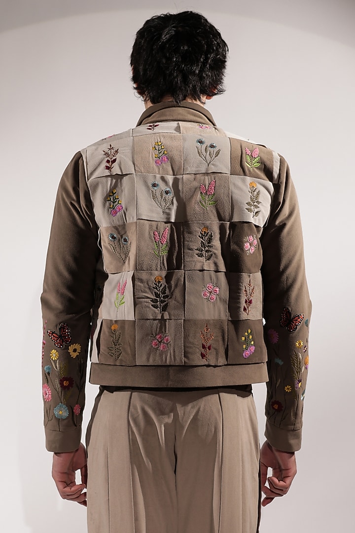 Beige Suede Floral Embroidered Jacket by Jubinav Chadha Men at Pernia's Pop Up Shop