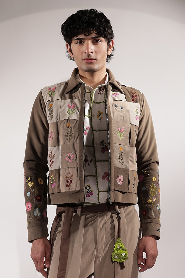 Beige Suede Floral Embroidered Jacket by Jubinav Chadha Men at Pernia's Pop Up Shop