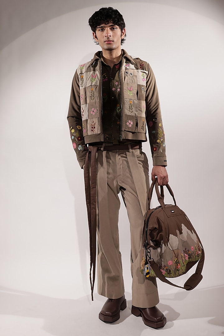 Beige Suede Floral Embroidered Jacket by Jubinav Chadha Men at Pernia's Pop Up Shop