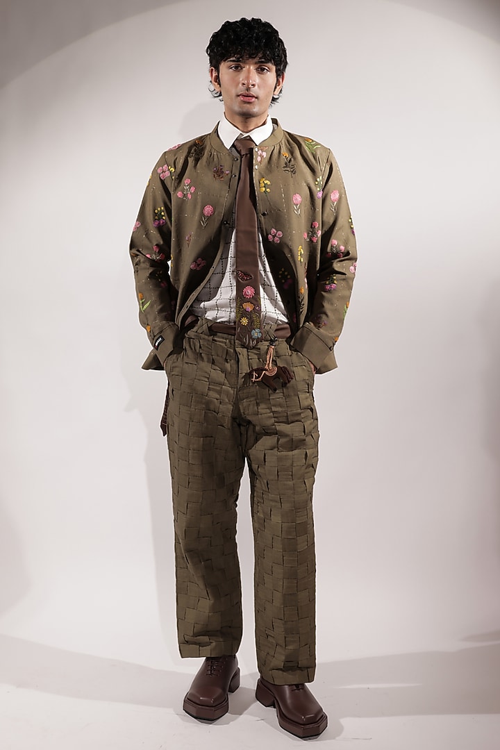 Olive Green Linen Embroidered Jacket by Jubinav Chadha Men at Pernia's Pop Up Shop