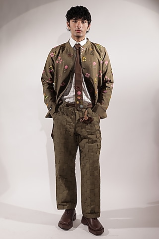 Olive Green Linen Embroidered Jacket by Jubinav Chadha Men