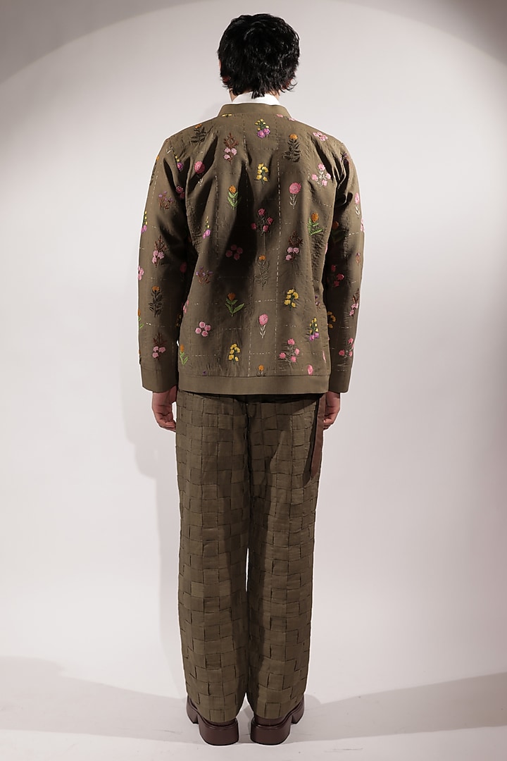 Olive Green Linen Embroidered Jacket by Jubinav Chadha Men at Pernia's Pop Up Shop