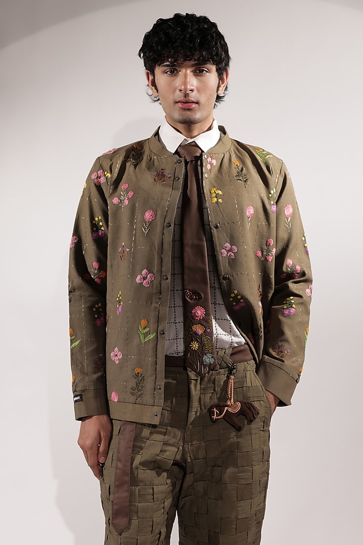 Olive Green Linen Embroidered Jacket by Jubinav Chadha Men at Pernia's Pop Up Shop