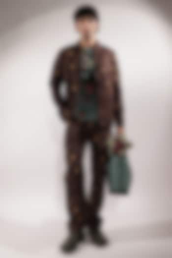Brown Crepe Printed Reversible Bomber Jacket by Jubinav Chadha Men at Pernia's Pop Up Shop