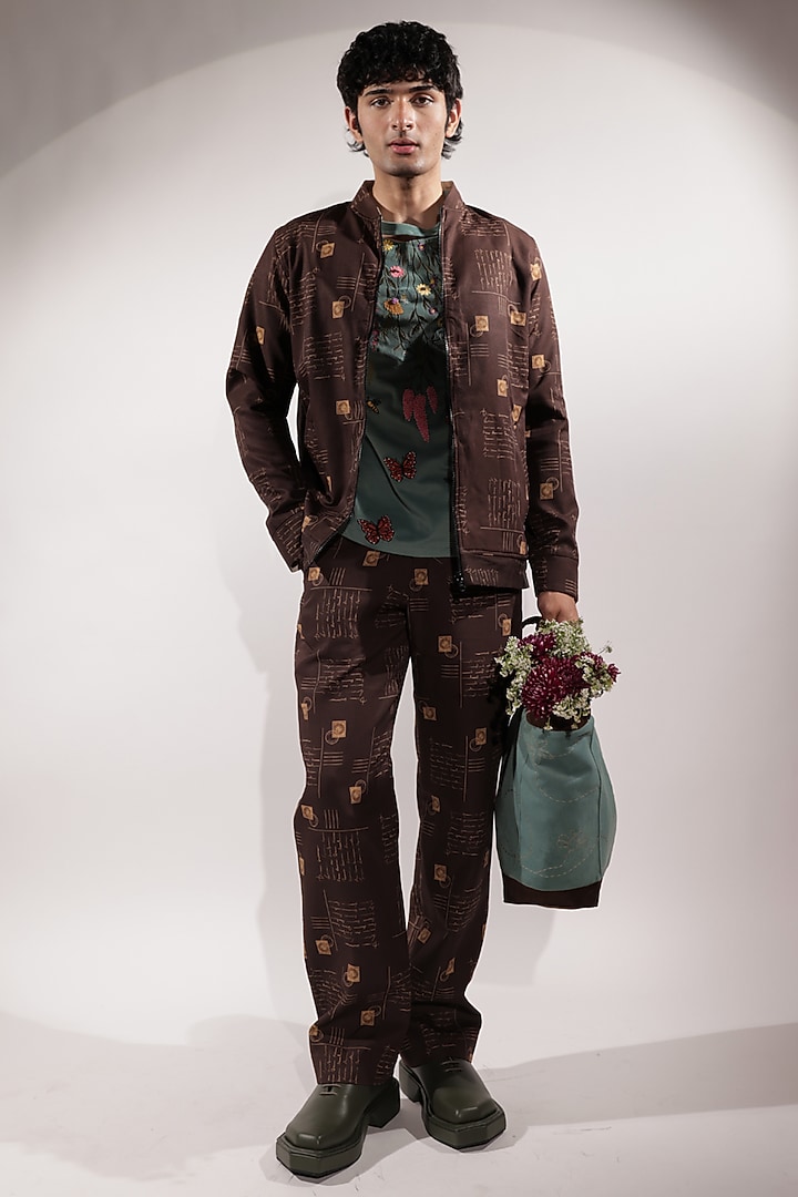 Brown Crepe Printed Reversible Bomber Jacket by Jubinav Chadha Men at Pernia's Pop Up Shop