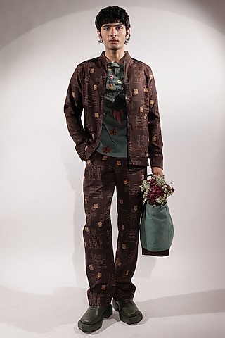 Brown Crepe Printed Reversible Bomber Jacket by Jubinav Chadha Men