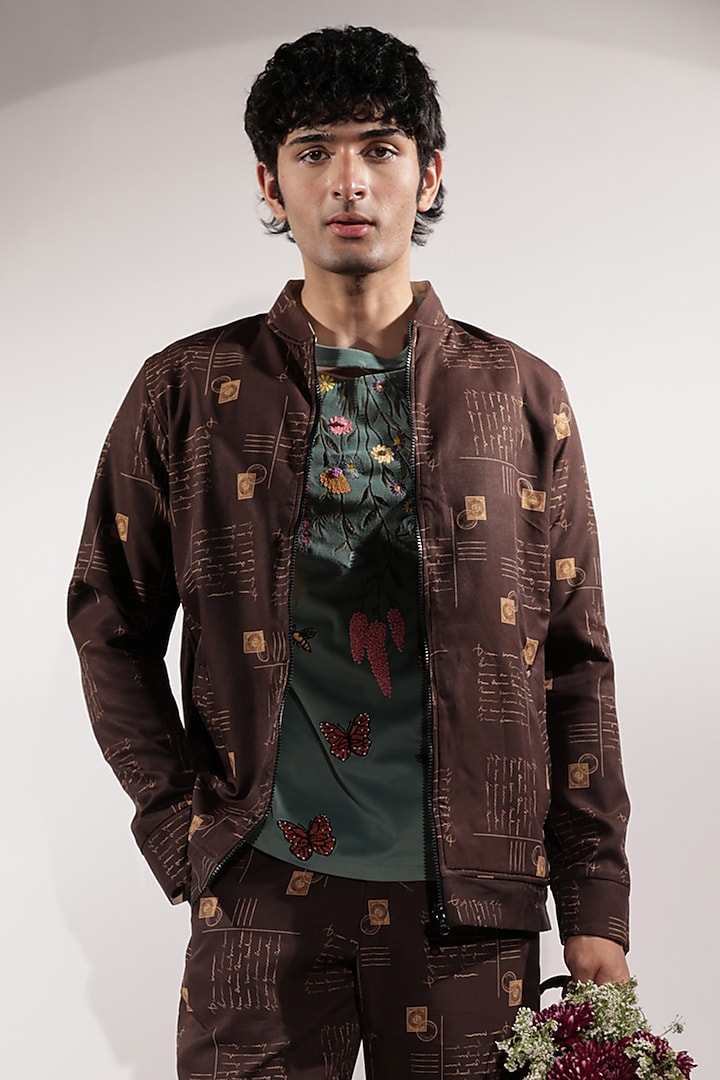 Brown Crepe Printed Reversible Bomber Jacket by Jubinav Chadha Men at Pernia's Pop Up Shop