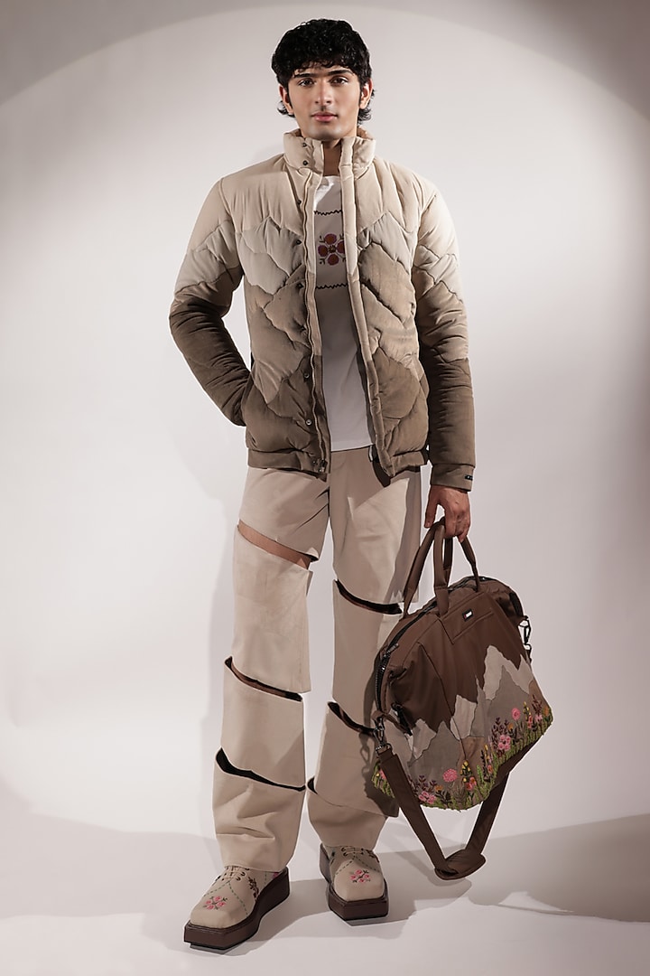 Beige & Brown Suede Quilted Puffer Jacket by Jubinav Chadha Men at Pernia's Pop Up Shop