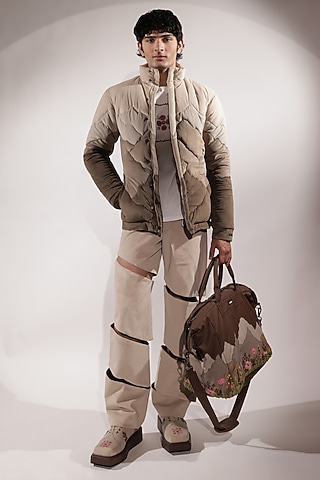 Beige & Brown Suede Quilted Puffer Jacket by Jubinav Chadha Men
