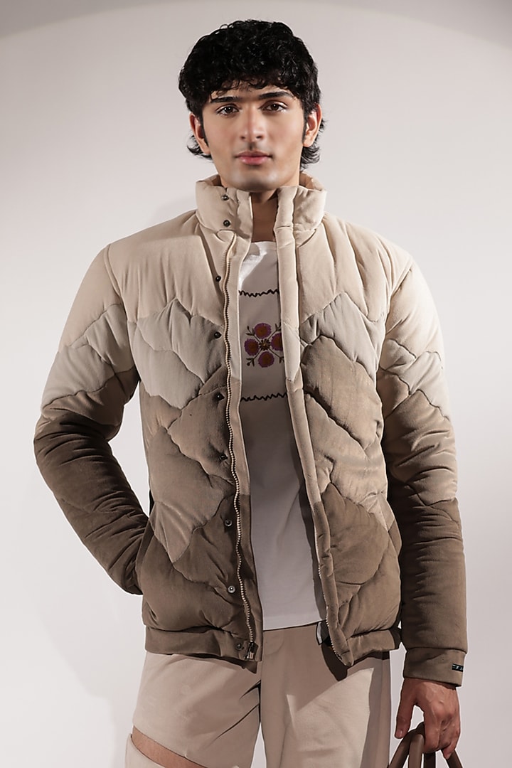 Beige & Brown Suede Quilted Puffer Jacket by Jubinav Chadha Men at Pernia's Pop Up Shop