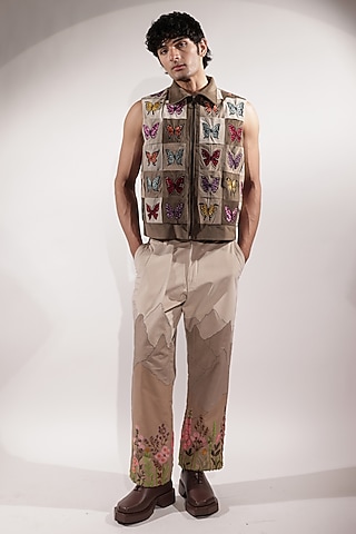 Beige Suede Embroidered Jacket by Jubinav Chadha Men