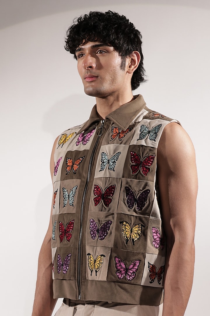 Beige Suede Embroidered Jacket by Jubinav Chadha Men at Pernia's Pop Up Shop