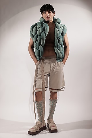 Jade Green Suede Sleeveless Puffer Jacket by Jubinav Chadha Men
