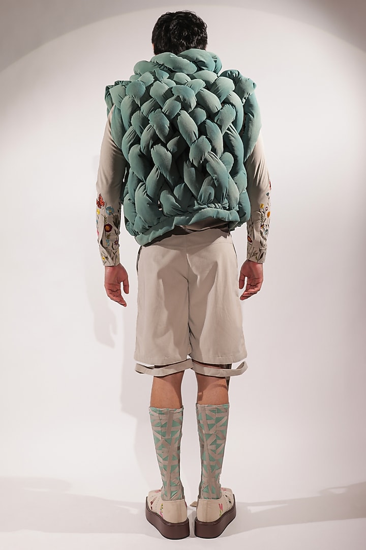 Jade Green Suede Sleeveless Puffer Jacket by Jubinav Chadha Men at Pernia's Pop Up Shop