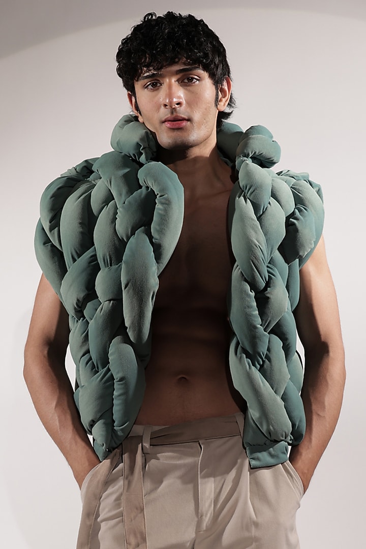 Jade Green Suede Sleeveless Puffer Jacket by Jubinav Chadha Men at Pernia's Pop Up Shop