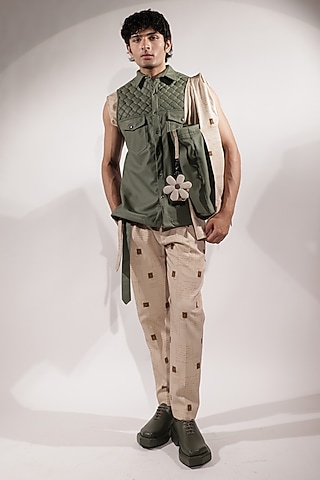 Green Leather Sleeveless Jacket by Jubinav Chadha Men
