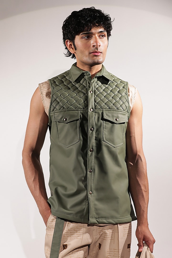 Green Leather Sleeveless Jacket by Jubinav Chadha Men at Pernia's Pop Up Shop