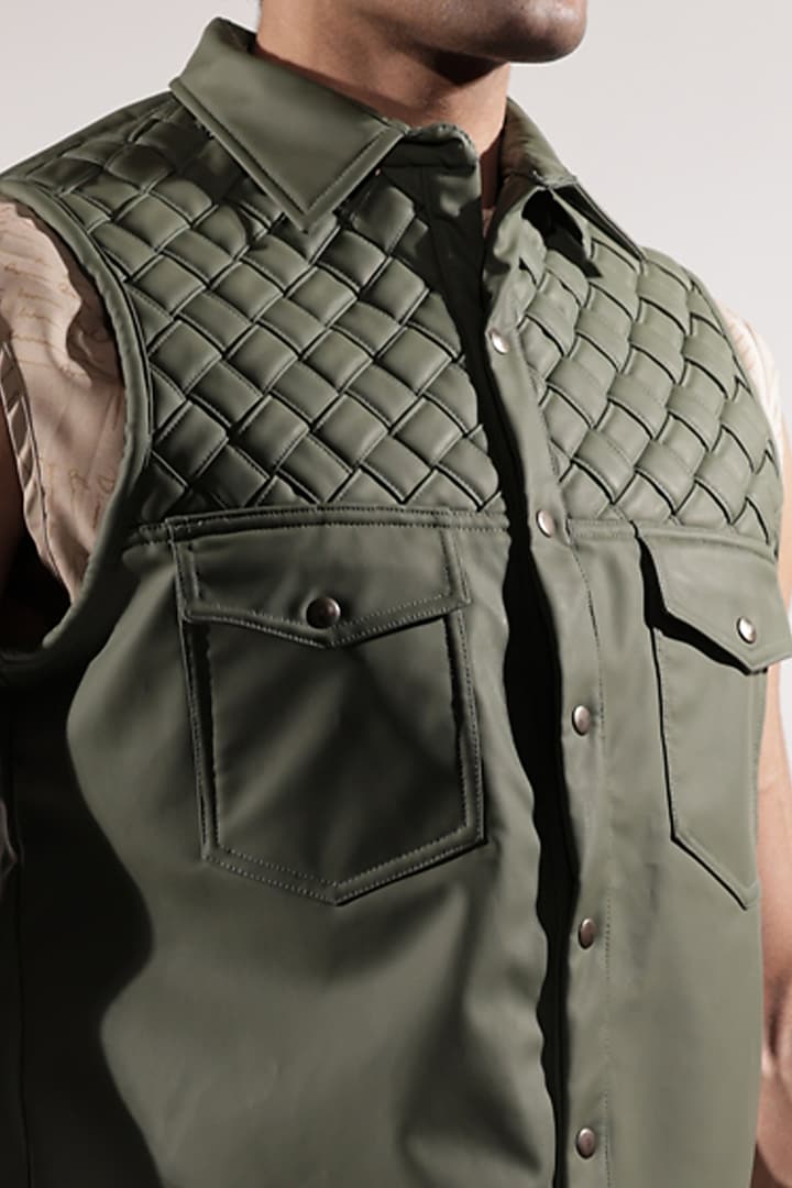 Green Leather Sleeveless Jacket by Jubinav Chadha Men at Pernia's Pop Up Shop