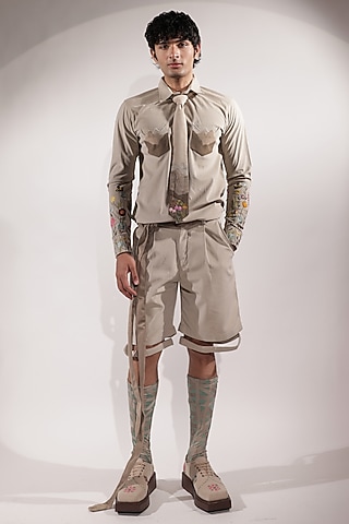 Beige Suede Shacket by Jubinav Chadha Men
