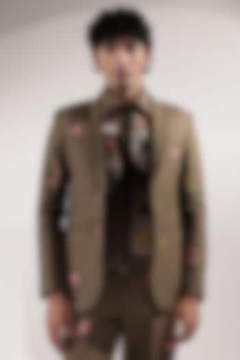 Olive Green Linen Floral Motifs Blazer by Jubinav Chadha Men at Pernia's Pop Up Shop