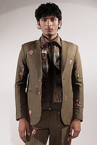 Olive Green Linen Floral Motifs Blazer by Jubinav Chadha Men