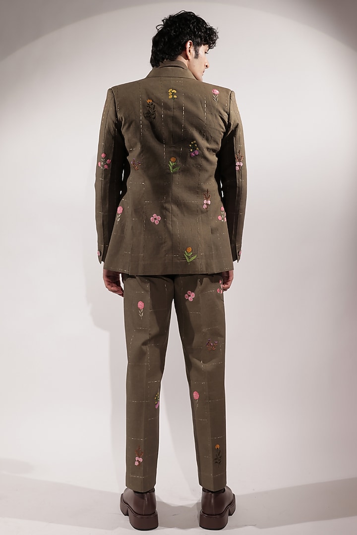 Olive Green Linen Floral Motifs Blazer by Jubinav Chadha Men at Pernia's Pop Up Shop