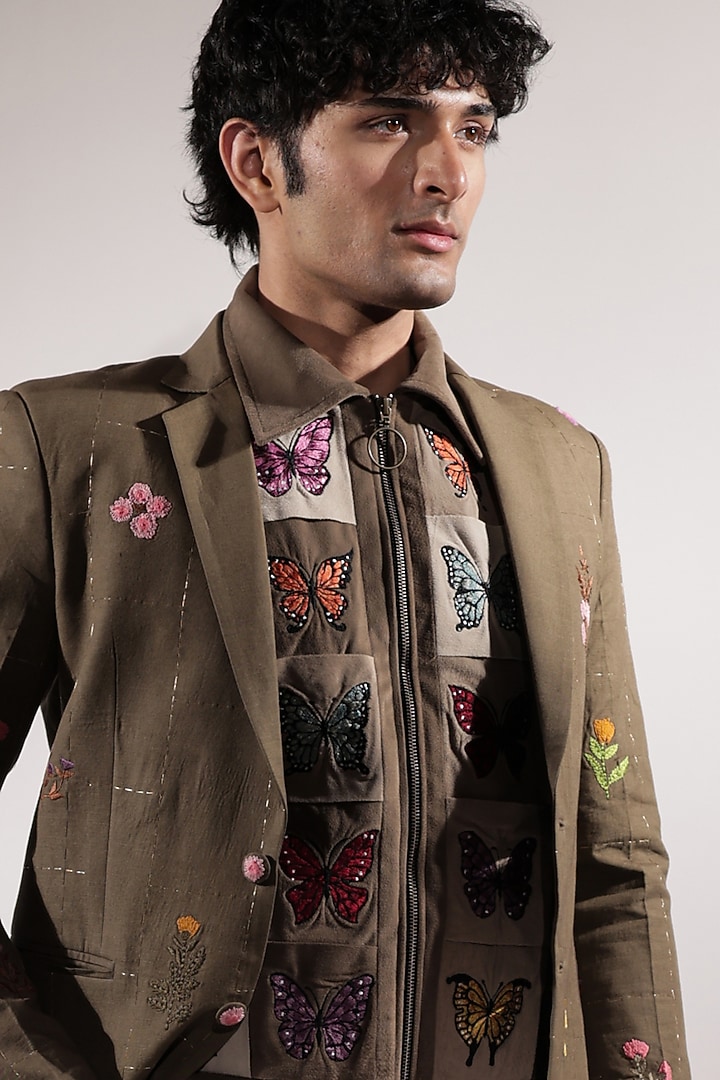 Olive Green Linen Floral Motifs Blazer by Jubinav Chadha Men at Pernia's Pop Up Shop