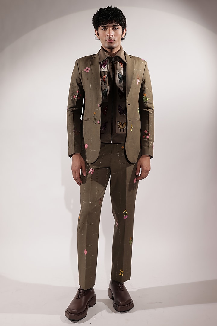 Olive Green Linen Floral Motifs Blazer by Jubinav Chadha Men at Pernia's Pop Up Shop